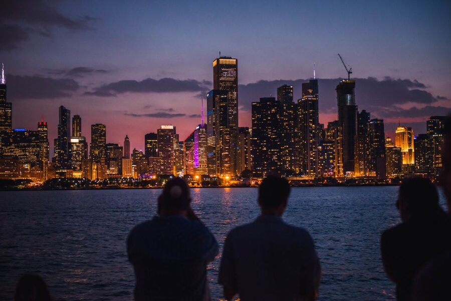 Chicago by Night River and Lake Cruise - Out on Lake Michigan: Navy Pier, the lighthouse area, and long skyline lines