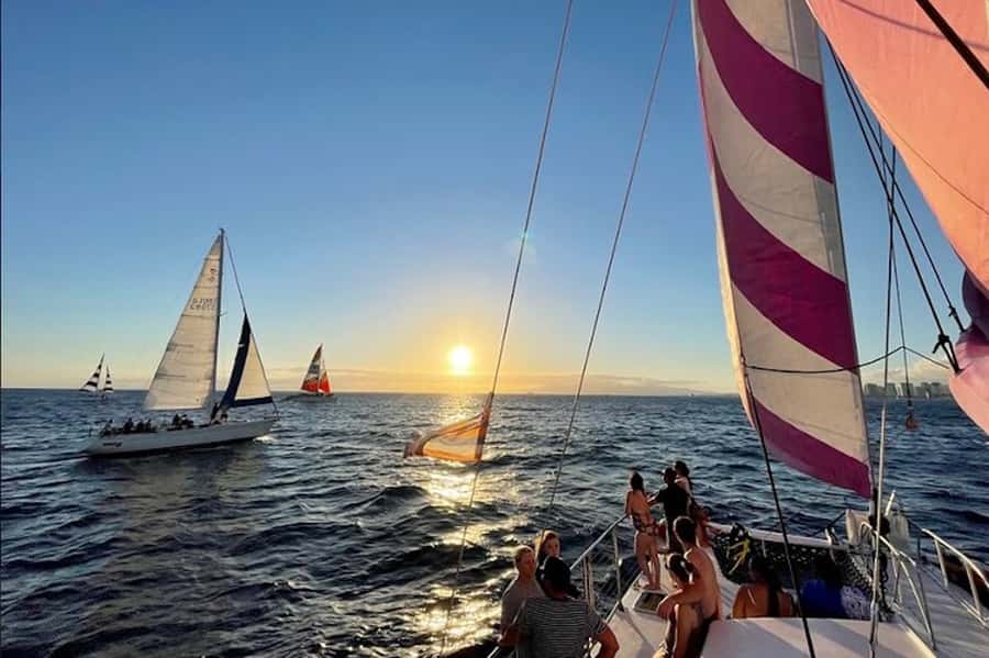 Oahu: Waikiki Sunset Catamaran Sail and Swim - From Pink Sails dock to sunset in the Waikiki glow