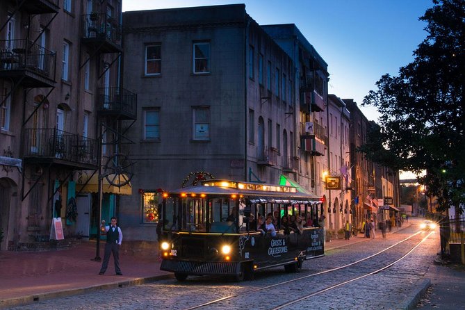 Savannah Ghosts & Gravestones Trolley Tour - River Street at night: Perkins and Sons, plus that after-hours feeling